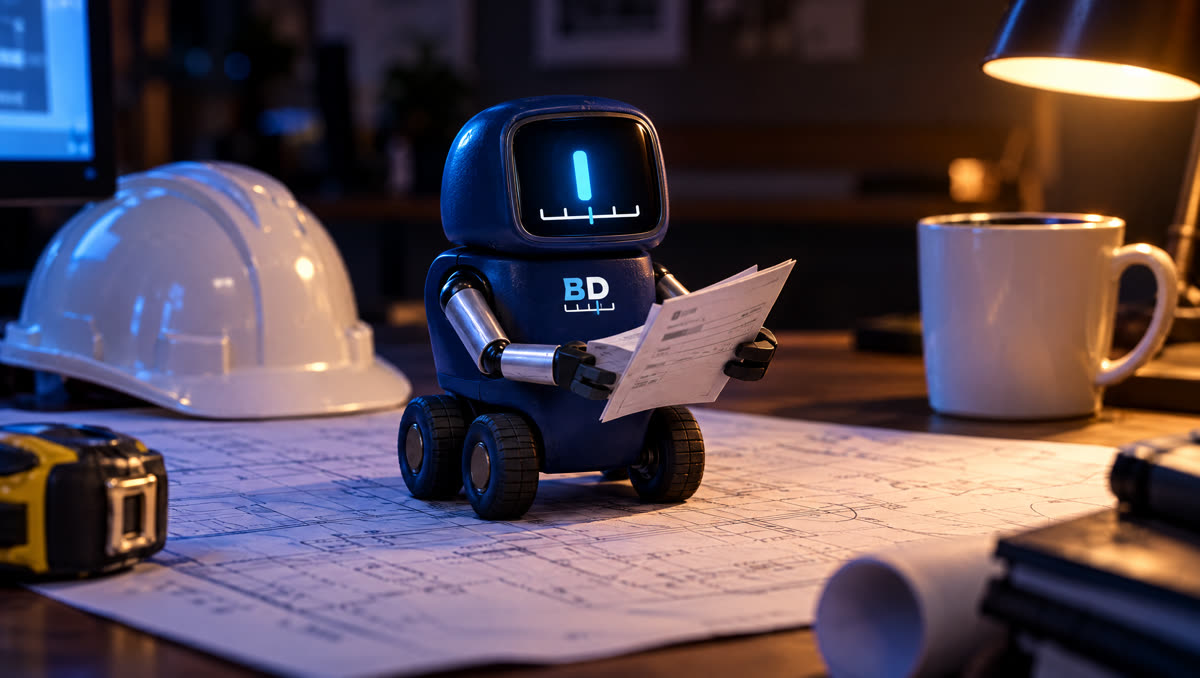 The Blue Dial robot, a small navy robot on wheels with gripper claws, carrying an invoice across blueprints on a contractor's desk at night